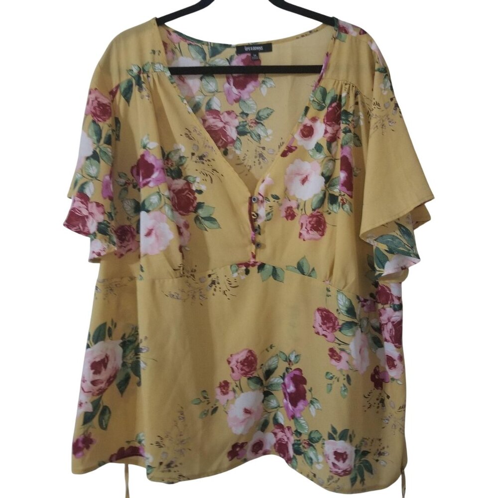 Floral Yellow Plus Size Tunic Blouse With V-Neck & Button Accents By Ups & Downs